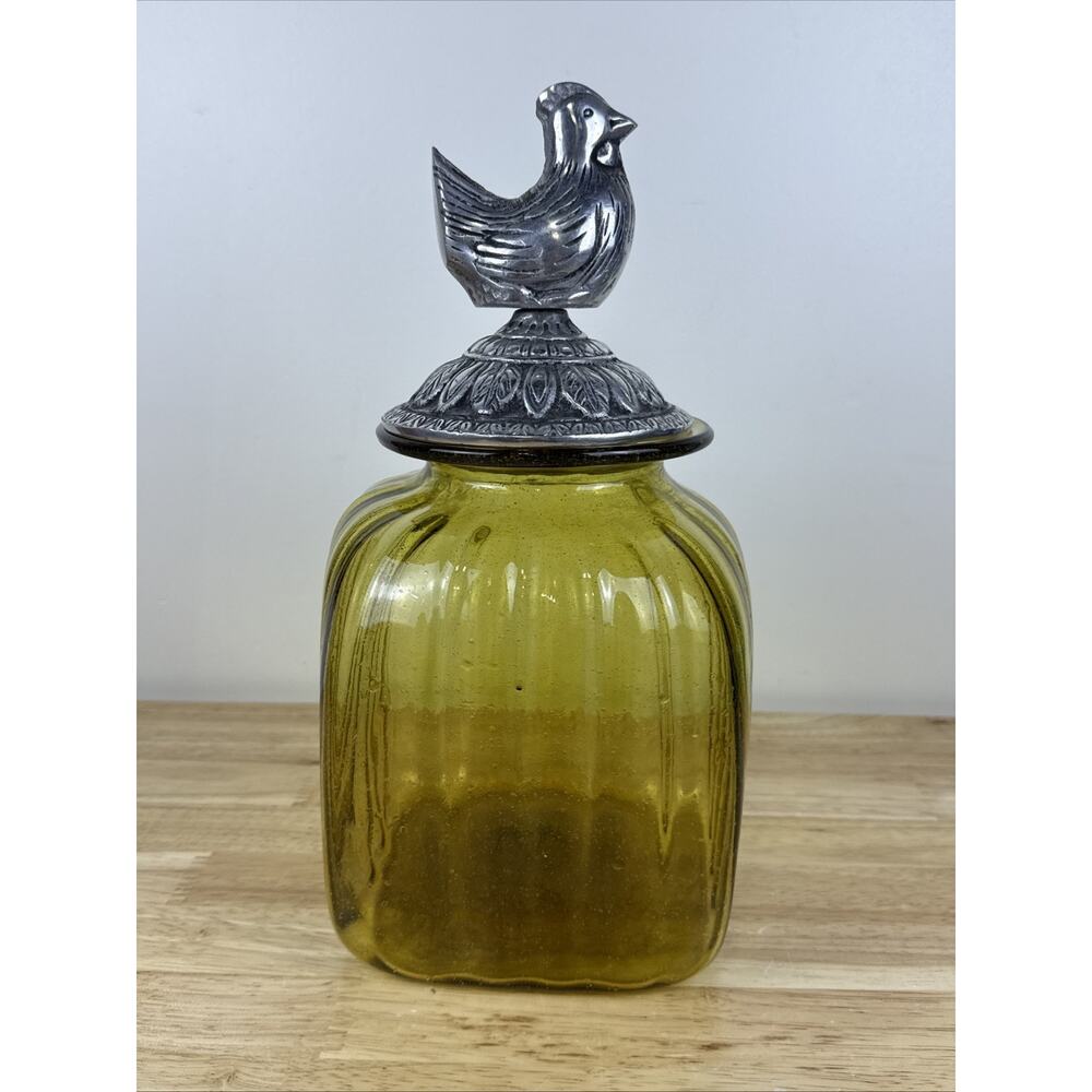 Vintage Amber Golden Yellow Glass Ribbed Canister With Pewter Rooster Top 12” - Picture 5 of 8